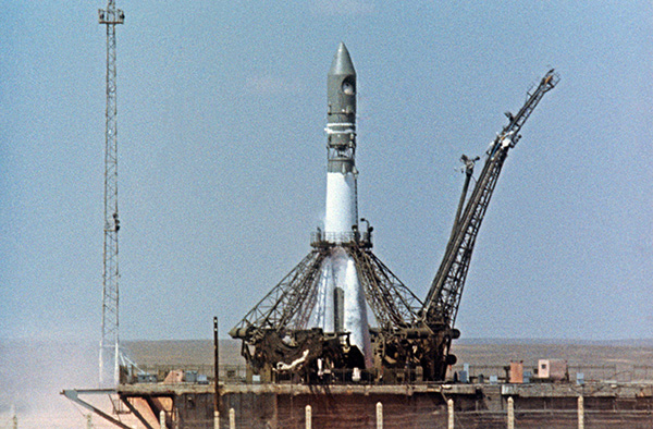 Spaceship "Vostok" before the start of the cosmodrome "Baikonur"