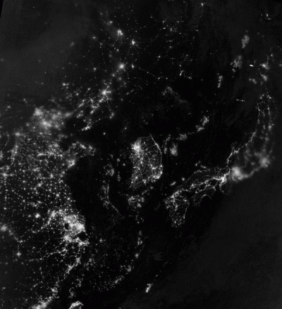 Корея и Желтое море ночью, вид из космоса